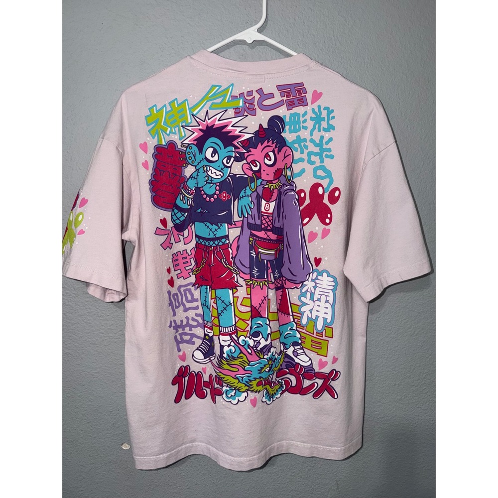 Bershka Men XS Pink Anime Graphic T-Shirt Japanese Streetwear Dragon Relaxed Fit